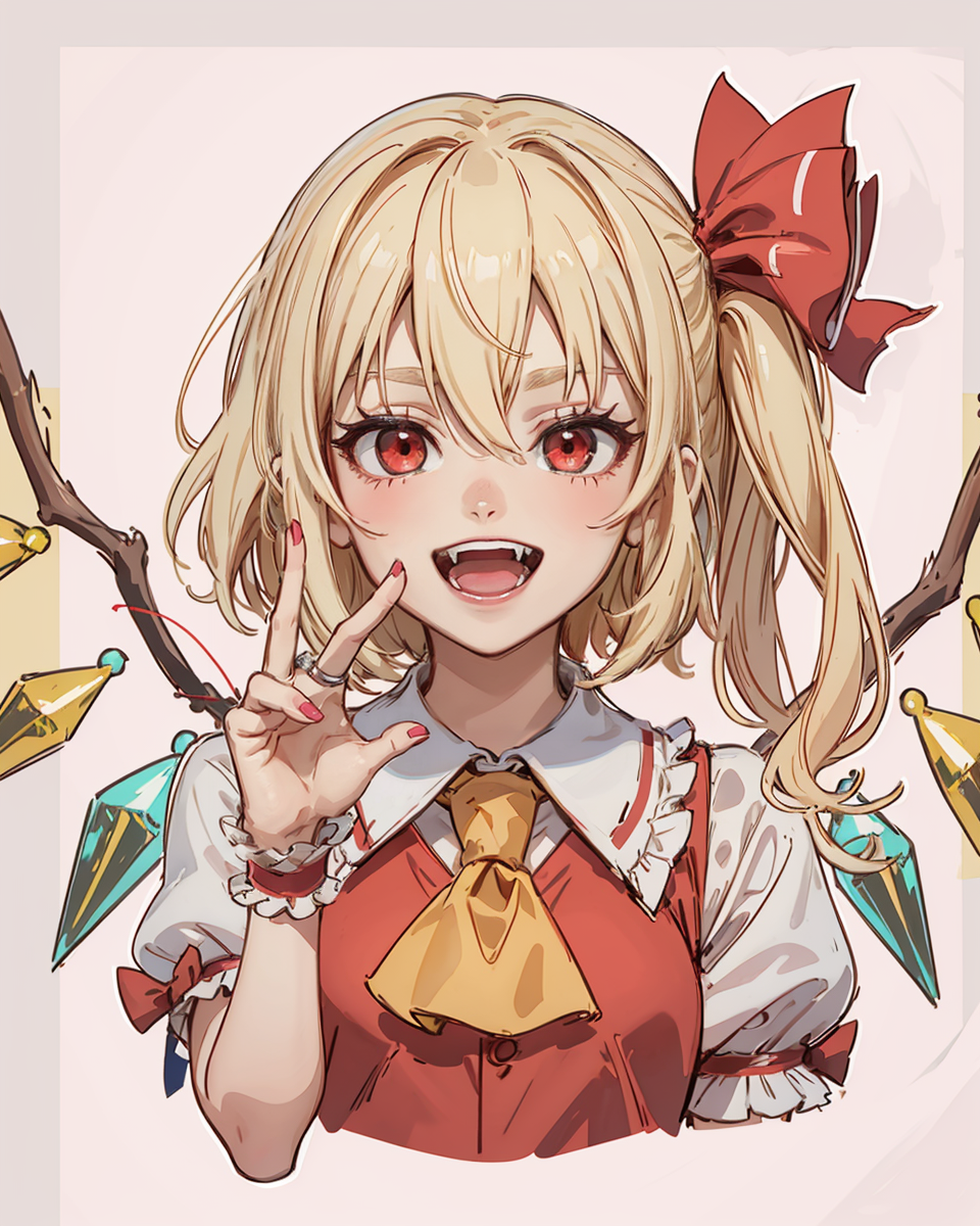 masterpiece, best quality, <lora:flandre:0.8>,1girl, :d, arm up, ascot, bangs, blonde hair, blush, bow, claw pose, cropped...